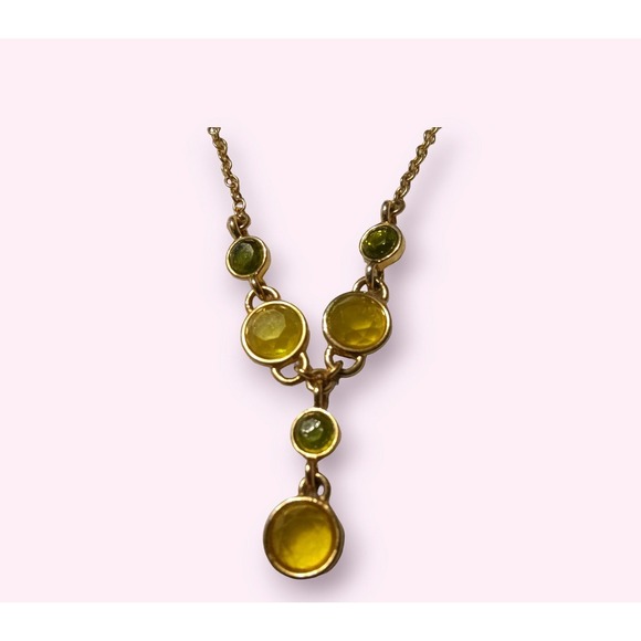 Liz & Co Necklace Green Gold Tone Beaded Pendant 14 Inch Costume Glows UV light - Picture 2 of 5